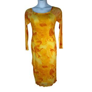 Un Tercio Womens Long Sleeve Bodycon Dress Size L Yellow Floral Tie-Dye Stretch